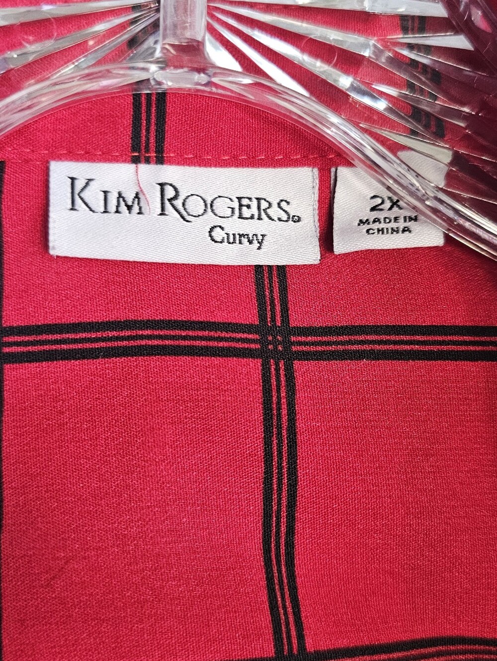 Kim Rogers Curvy 2X Red Black Windowpane Plaid Button-Up Blouse Roll Tab Sleeves - Picture 2 of 4
